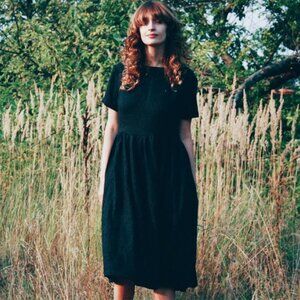 OFFON XS Linen Short Sleeve High Waist Dress, Black